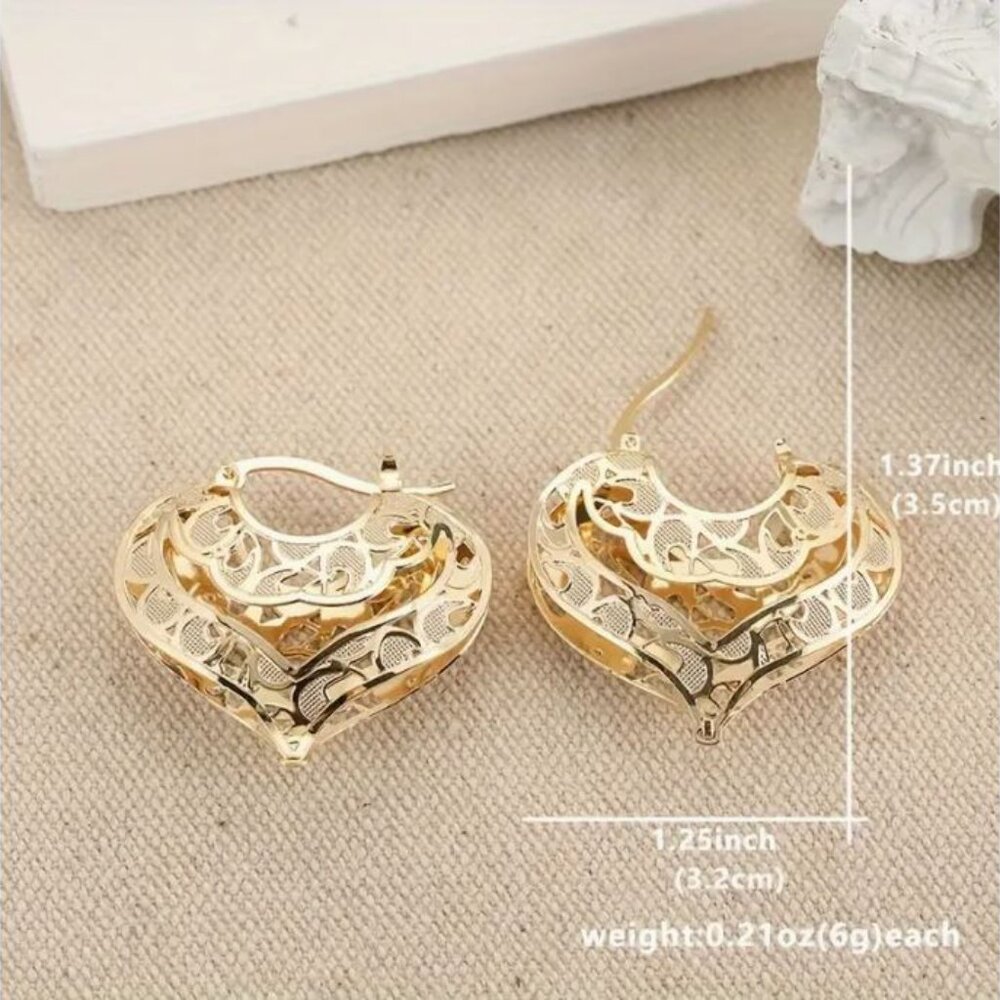 NEW Portia 18K Gold Plated Filigree Heart Drop Hoop Earrings - Picture 4 of 4